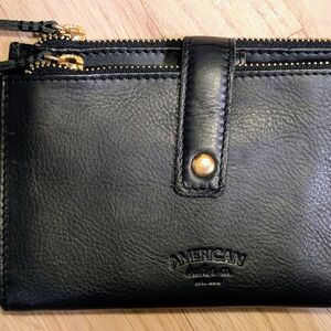 American Leather Co. Black Genuine Leather Double Zip Wallet Purse